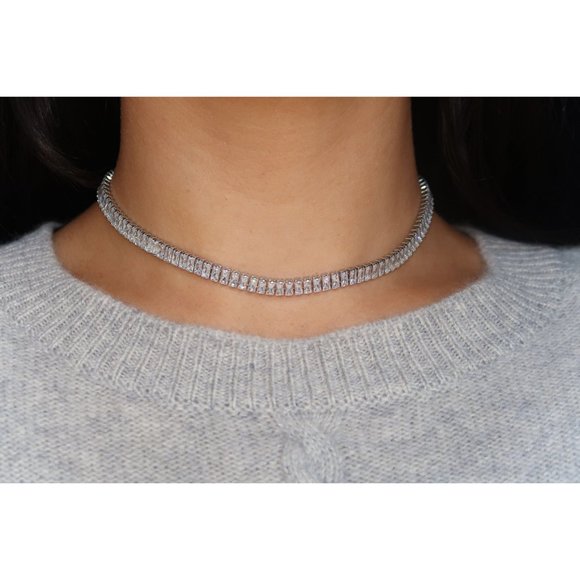 Diamond Tennis Necklace, CZ Tennis Necklace Choker, Baguette Tennis Necklace - Picture 9 of 9